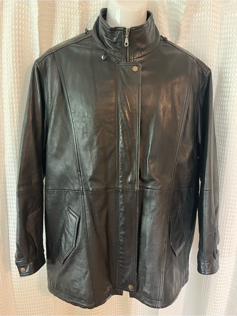 IZ Sport Men's Large Genuine Leather Car Coat Jacket Black Stand Collar USA